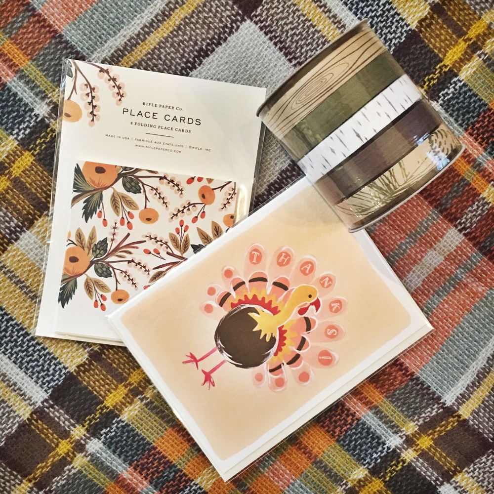  Rifle Paper Co. Place Cards, Fox & Fallow Turkey Greeting Card and Cream City Ribbon Cotton Ribbon pack, all available in store! 
