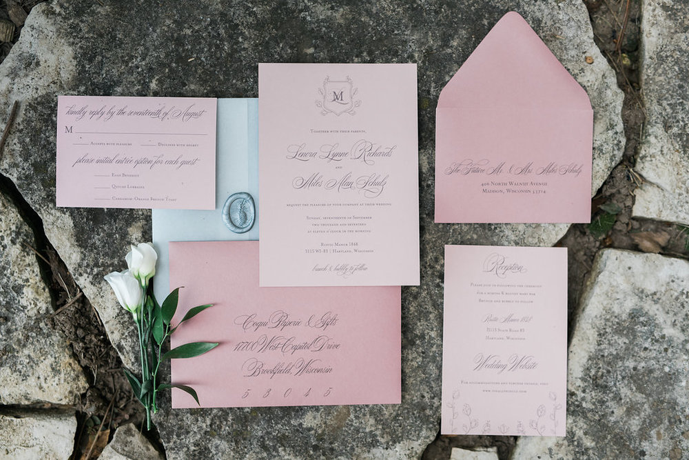  Dusty rose invitation suite with vellum and wax seal? Yes please!  
